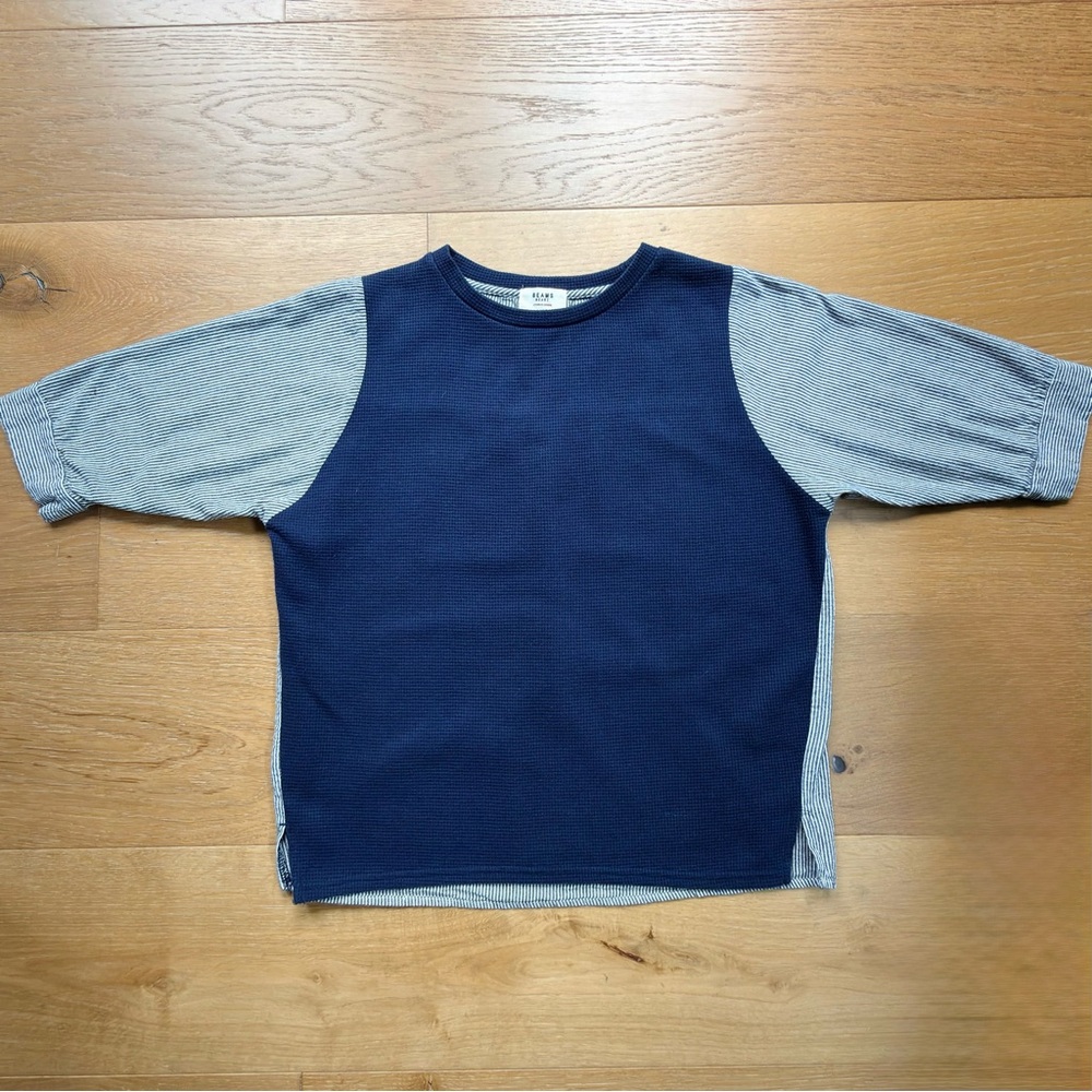 BEAMS HEART Mixed Media Paneled Knit SS Tee Navy White Striped Womens Japan EUC